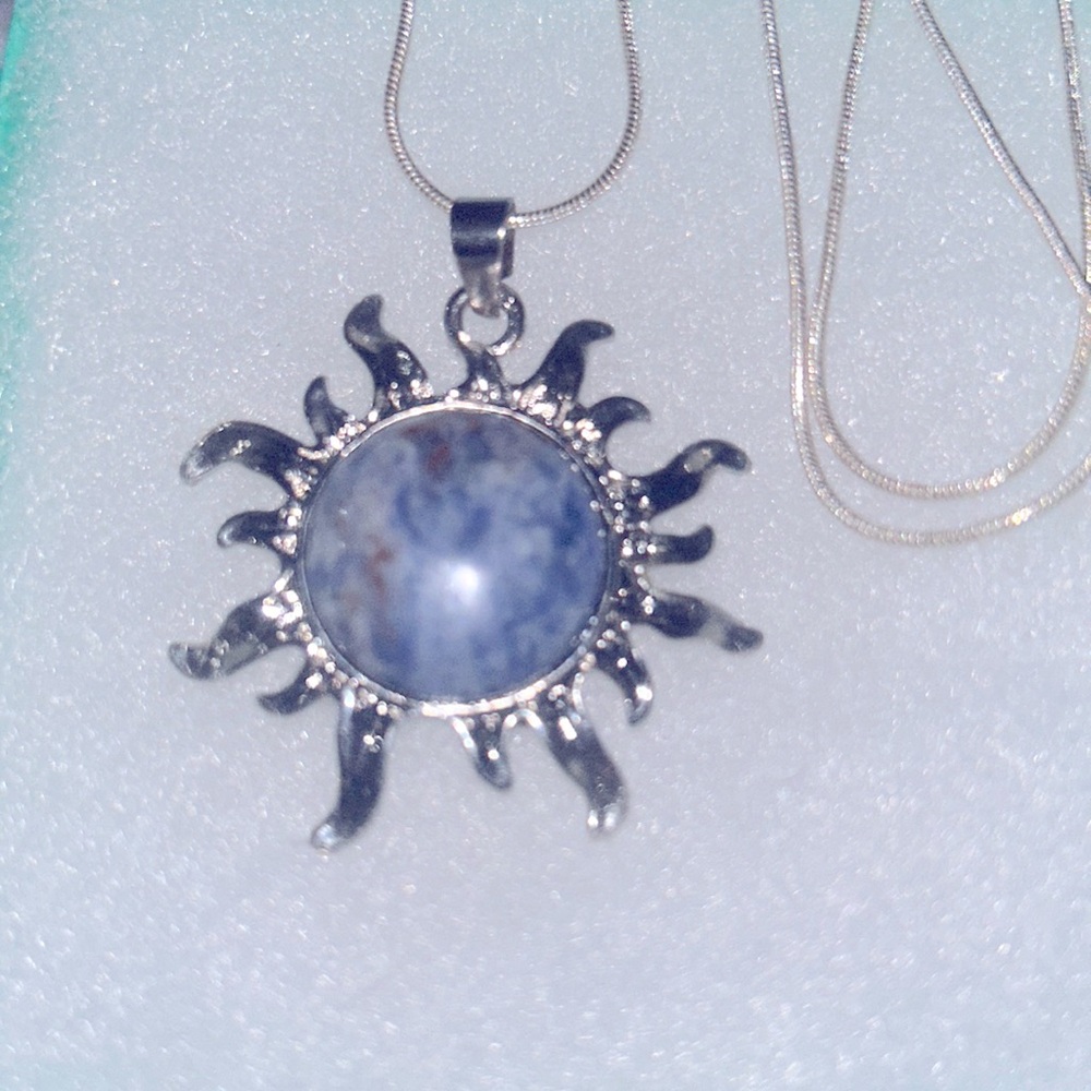 Boho hippie Sodalite Crystal Sun Sterling Silver Necklace 24”